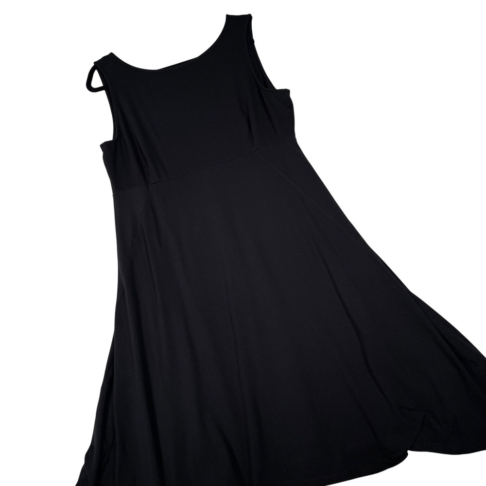 Eileen Fisher Dress Womens L Black Organic Cotton V-Neck Midi A-Line S40J Lagen